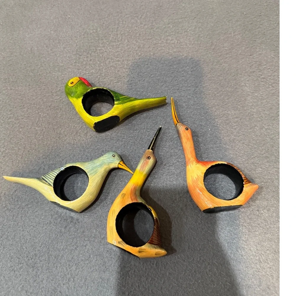 Vintage Hand Painted Wooden Bird Napkin Rings Set of 4 Tropical Folk Art Decor